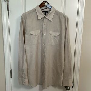 Banana Republic XL Tan & White Stripe Linen Slim Fit Long sleeve shirt